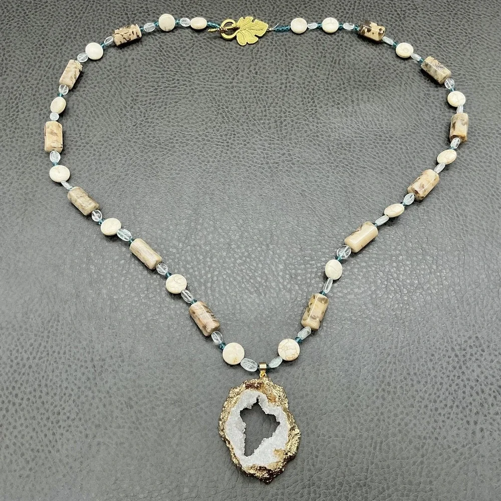 Geode Druzy Quartz Pendant Beaded Necklace Fossil Jasper Aqua Glass Beads Boho